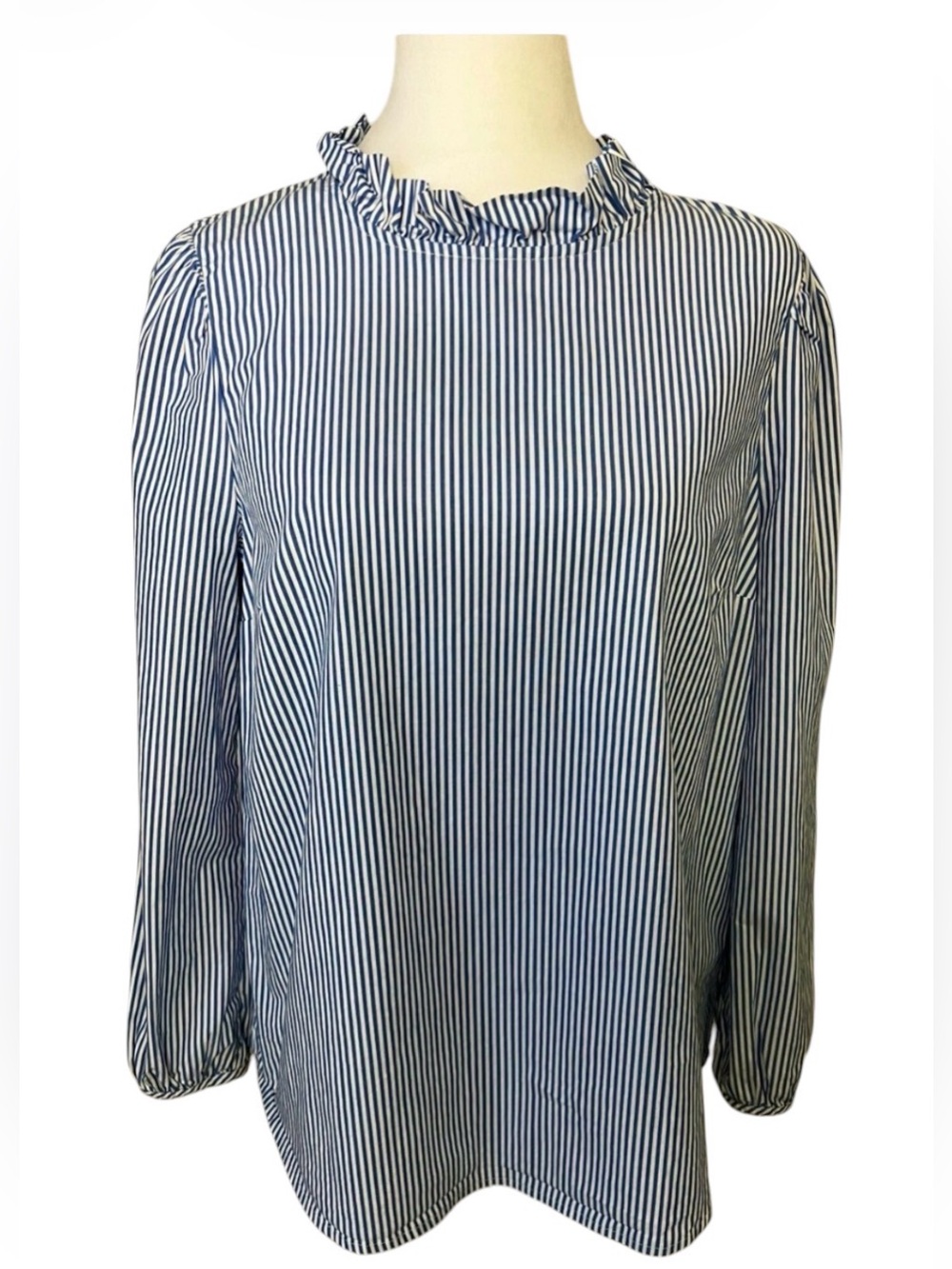 J. Crew Blue and White Striped Ruffle Neck L Top Size small